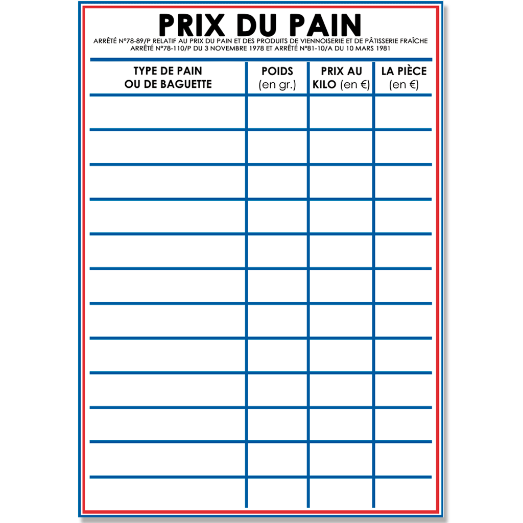 Affichage du Prix du Pain en Boulangerie